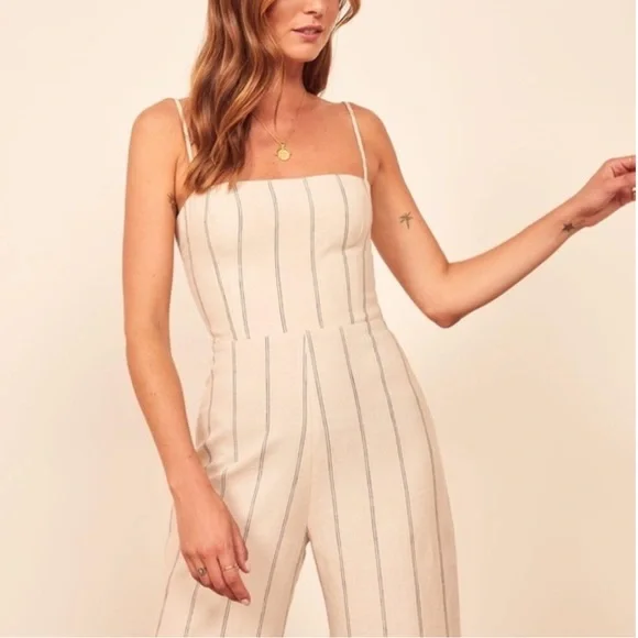 Reformation 100% Linen Elm Jager Jumpsuit size 8 striped blue jumpsuit open back - Picture 3 of 11